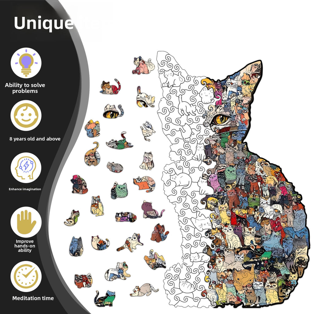 Creative Wooden Cat Puzzle with Irregular Pieces – DIY Brain-Training Jigsaw, Decorative Gift & Storage Box