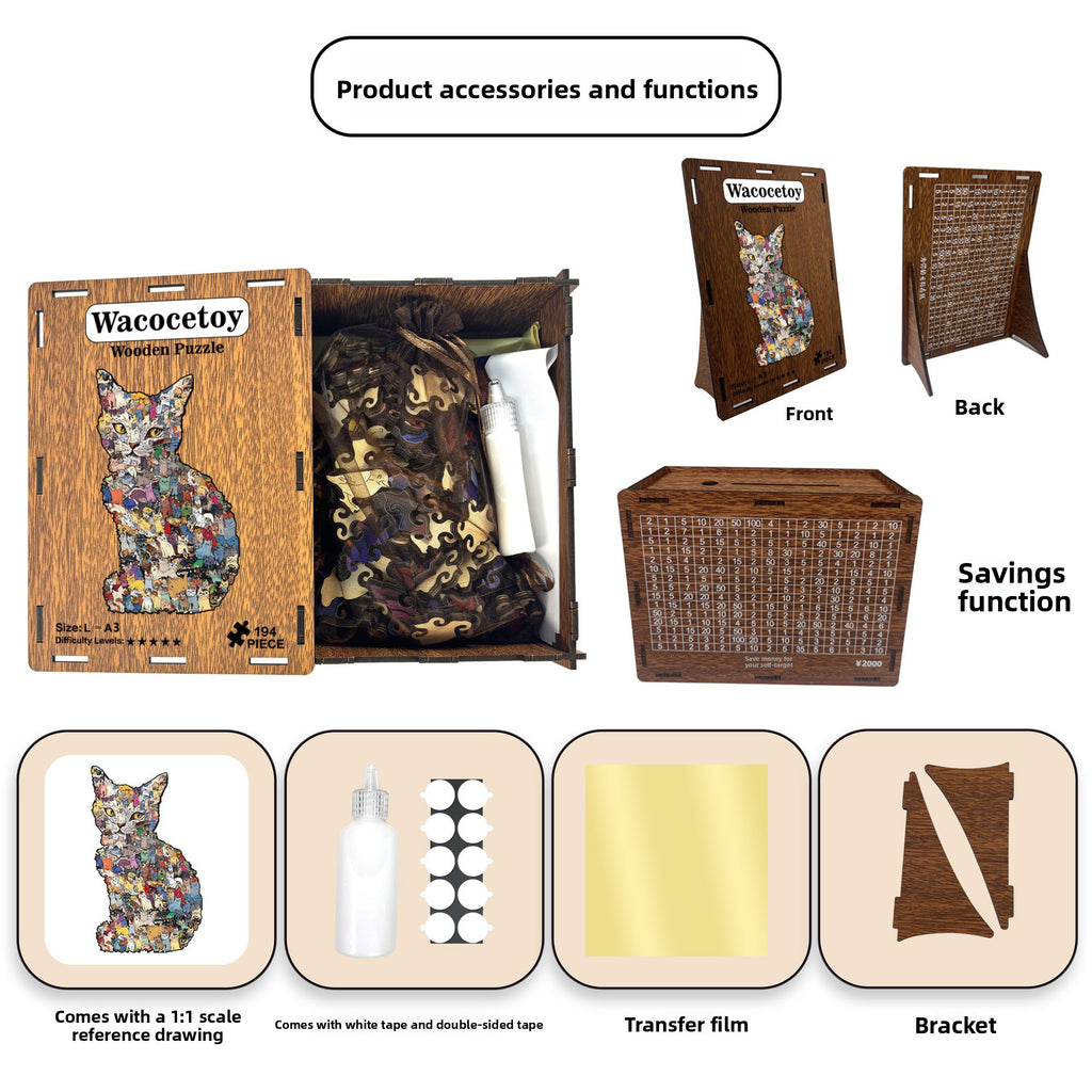 Creative Wooden Cat Puzzle with Irregular Pieces – DIY Brain-Training Jigsaw, Decorative Gift & Storage Box