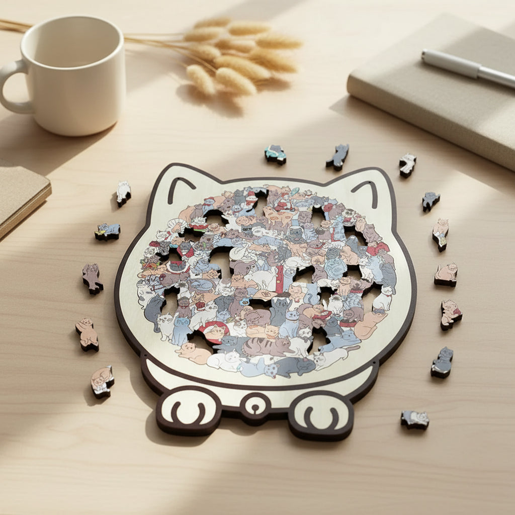 Wooden Cat Puzzle for Adults & Kids – Unique Shaped Jigsaw Puzzle, Handcrafted Animal Puzzle for Relaxation