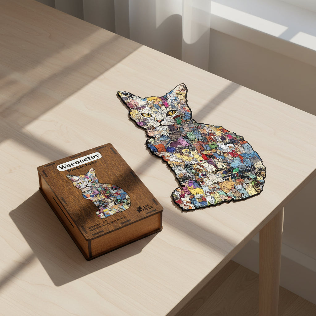 Creative Wooden Cat Puzzle with Irregular Pieces – DIY Brain-Training Jigsaw, Decorative Gift & Storage Box