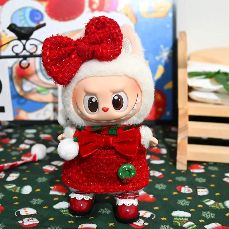 Christmas  Red Plush Hat Clothes for Labubu I with Red Bow Dress Love Sweater Deer Decoration Suit for Ladbubu Dolls Accessories