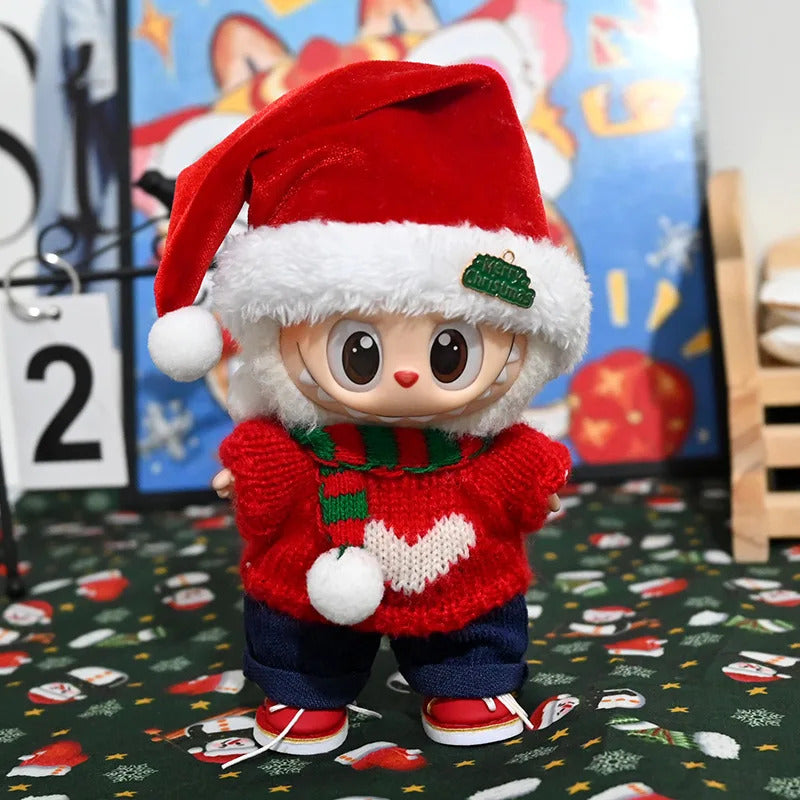 Christmas  Red Plush Hat Clothes for Labubu I with Red Bow Dress Love Sweater Deer Decoration Suit for Ladbubu Dolls Accessories