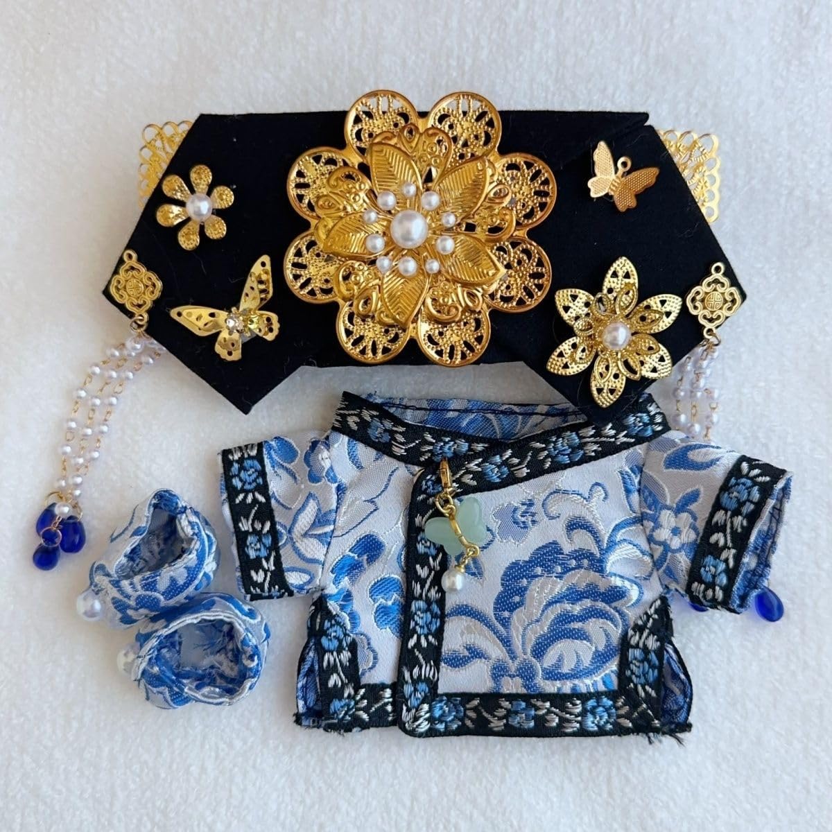 3pcs Labubu Doll Costume Set - Chinese Cheongsam Dress Outfit with Hair Accessory & Shoes | Traditional Blue & White Porcelain for Christmas, New Year's, Valentine's Day Gift | Compatible with 6.69inch Labubu Doll (Traditional Elegant Clothes)