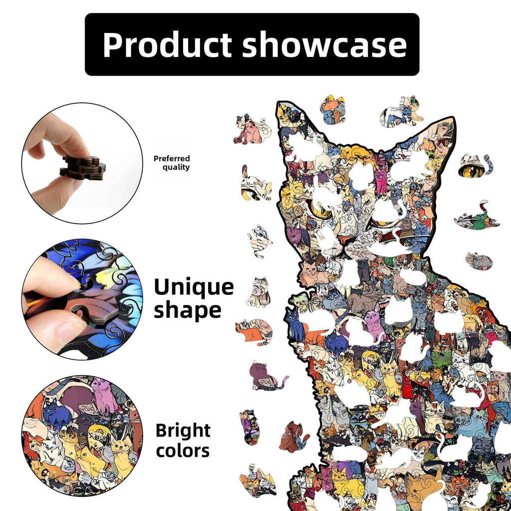 Creative Wooden Cat Puzzle with Irregular Pieces – DIY Brain-Training Jigsaw, Decorative Gift & Storage Box