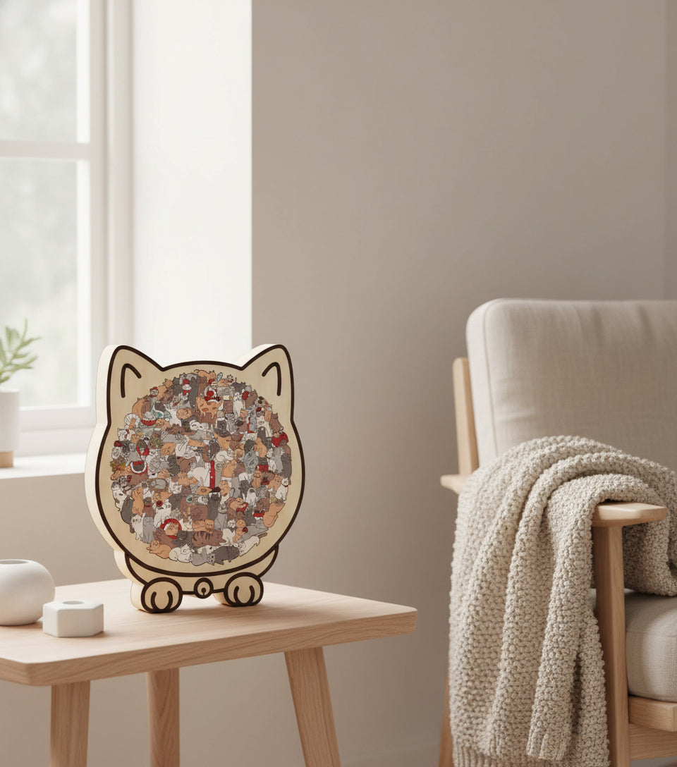 Wooden Cat Puzzle for Adults & Kids – Unique Shaped Jigsaw Puzzle, Handcrafted Animal Puzzle for Relaxation