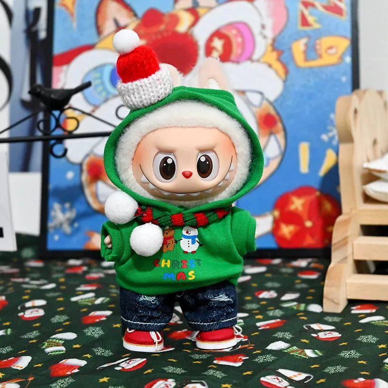 Christmas  Red Plush Hat Clothes for Labubu I with Red Bow Dress Love Sweater Deer Decoration Suit for Ladbubu Dolls Accessories