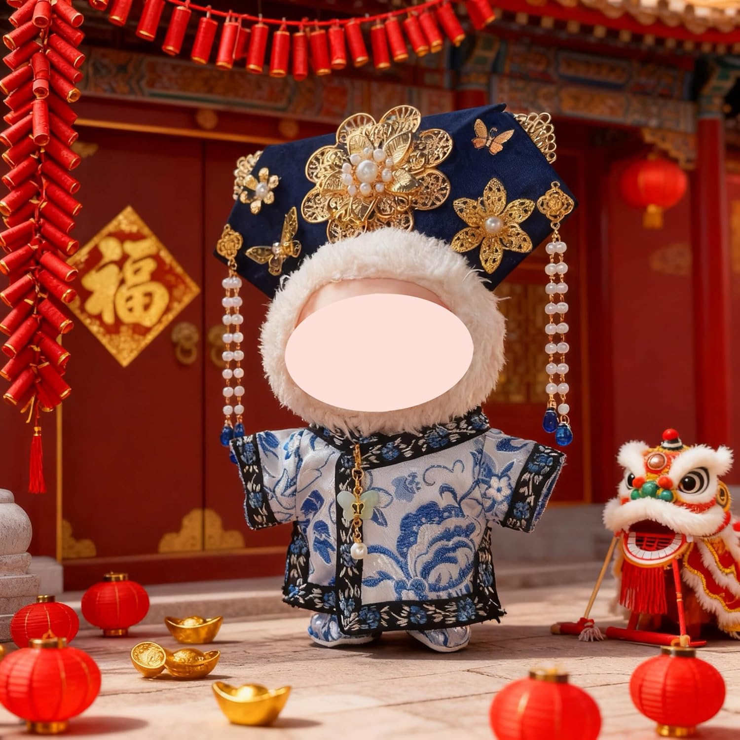 3pcs Labubu Doll Costume Set - Chinese Cheongsam Dress Outfit with Hair Accessory & Shoes | Traditional Blue & White Porcelain for Christmas, New Year's, Valentine's Day Gift | Compatible with 6.69inch Labubu Doll (Traditional Elegant Clothes)