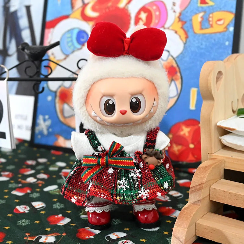 Christmas  Red Plush Hat Clothes for Labubu I with Red Bow Dress Love Sweater Deer Decoration Suit for Ladbubu Dolls Accessories